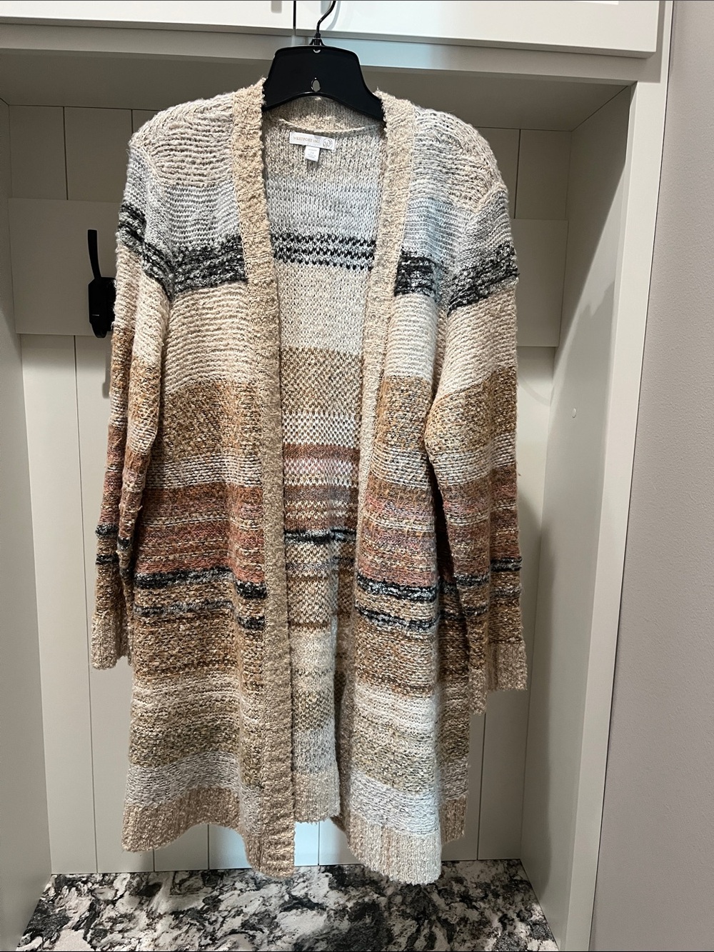 Westport Striped Open-Front Cardigan in Cream, Brown and Rust